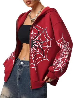 GORGLITTER Women's Zip Up Spider Hoodie Graphic Long Sleeve Colorblock Oversized Y2k Hoodies Sweatshirt