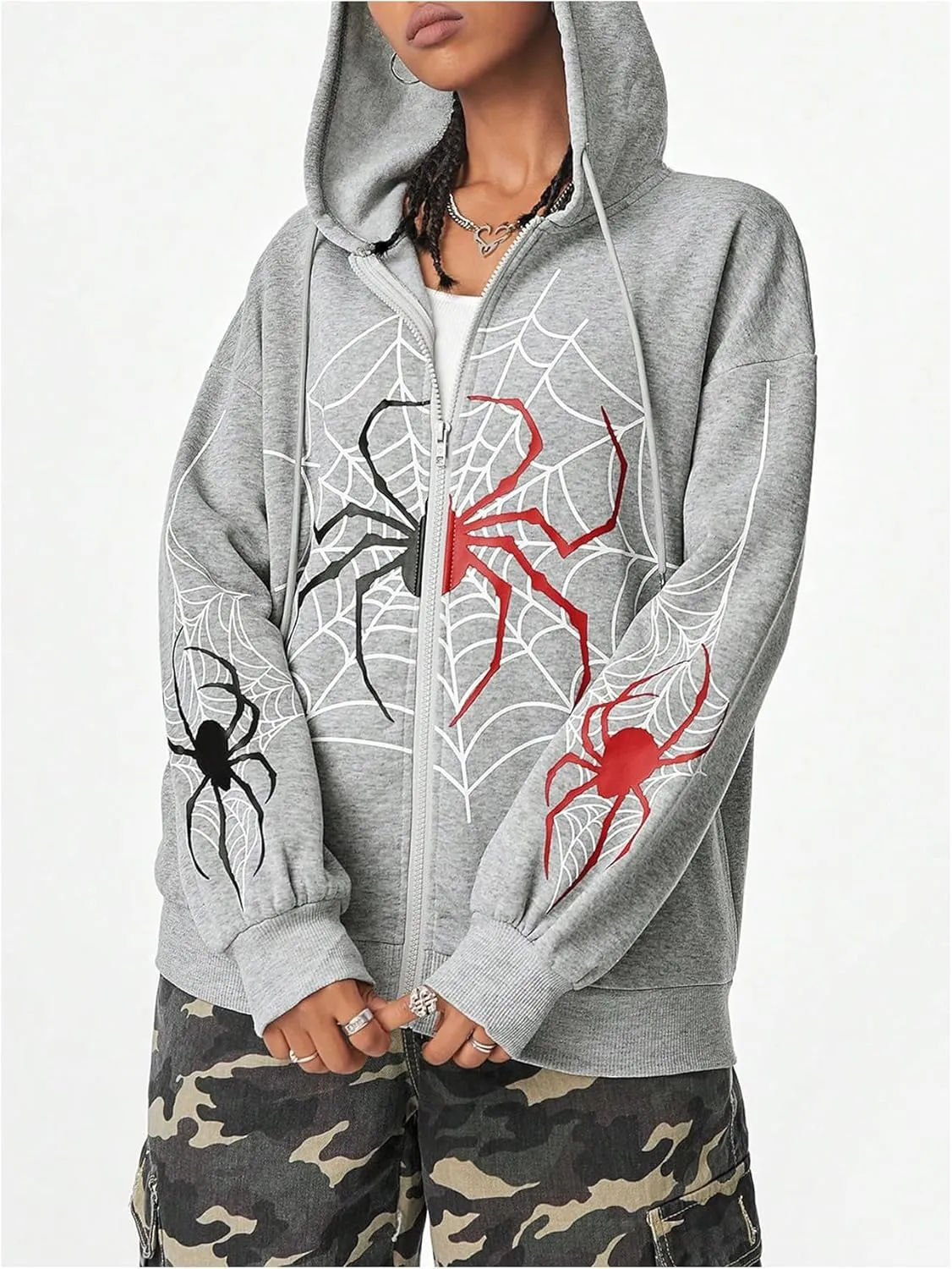 GORGLITTER Women's Zip Up Spider Hoodie Graphic Long Sleeve Colorblock Oversized Y2k Hoodies Sweatshirt