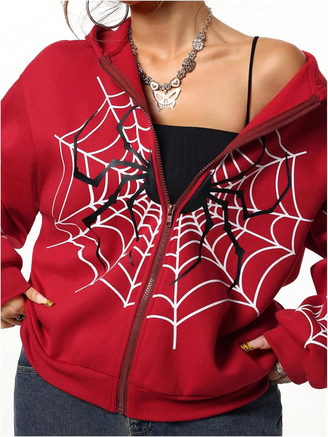 GORGLITTER Women's Zip Up Spider Hoodie Graphic Long Sleeve Colorblock Oversized Y2k Hoodies Sweatshirt