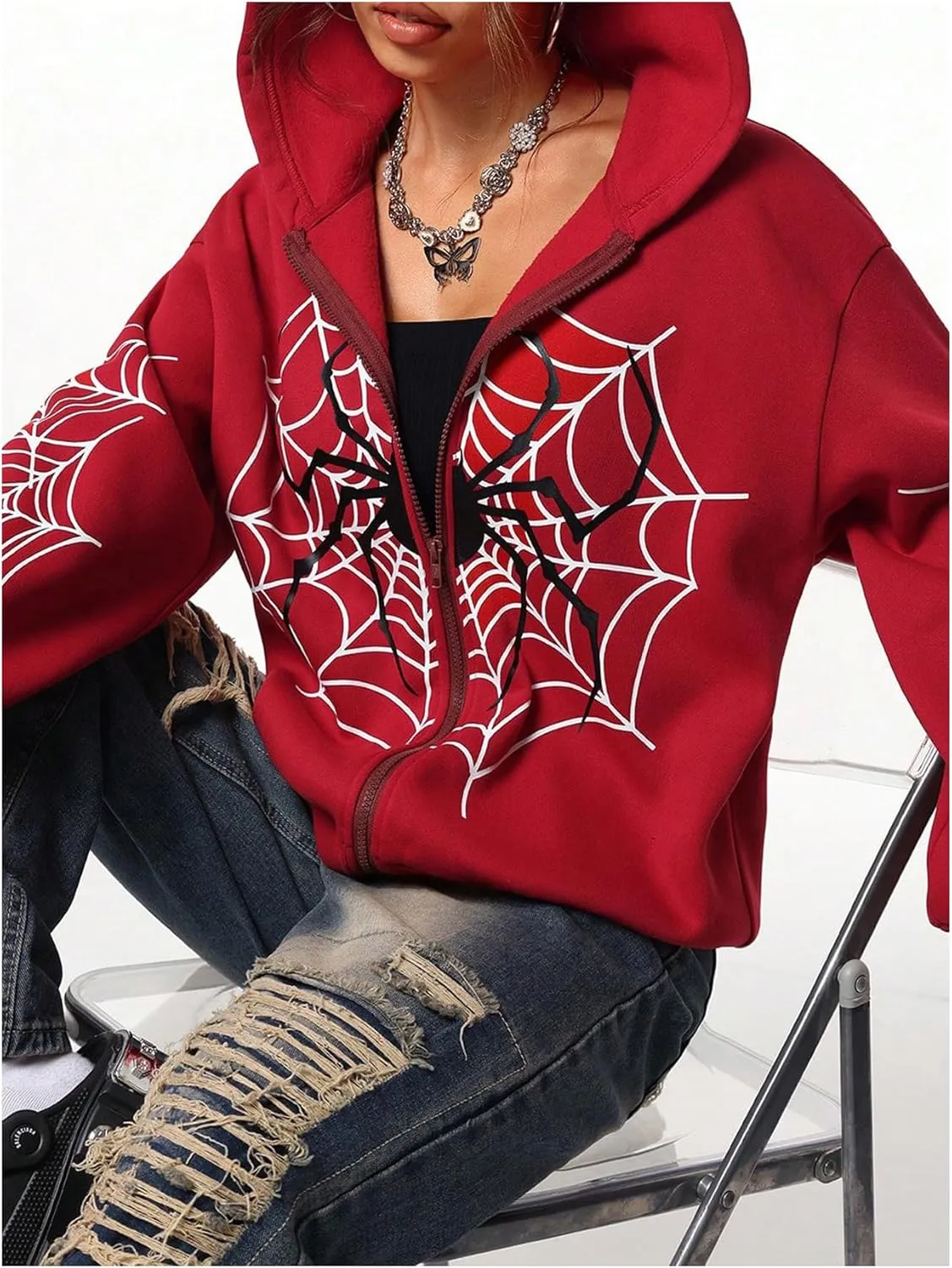 GORGLITTER Women's Zip Up Spider Hoodie Graphic Long Sleeve Colorblock Oversized Y2k Hoodies Sweatshirt