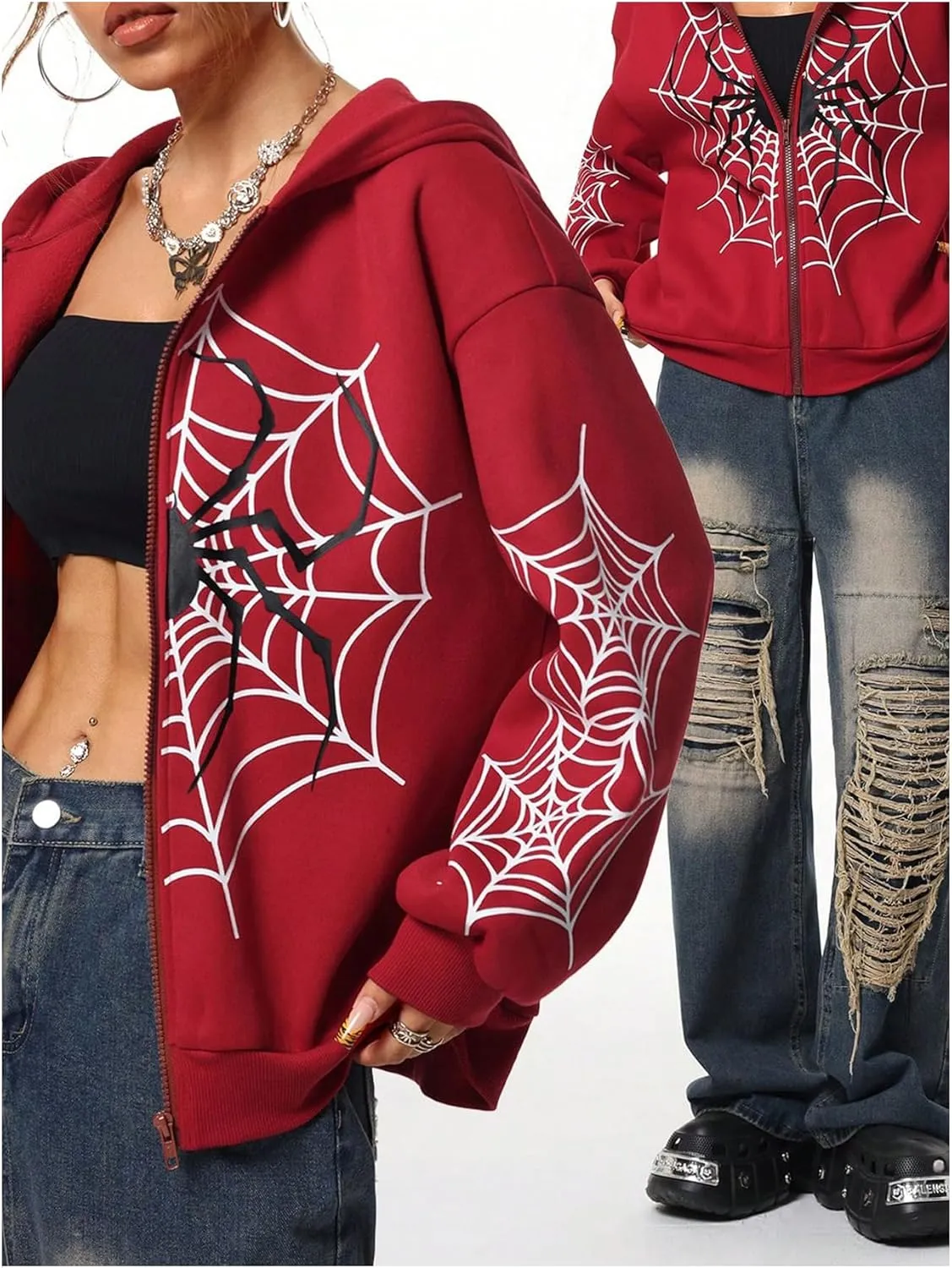 GORGLITTER Women's Zip Up Spider Hoodie Graphic Long Sleeve Colorblock Oversized Y2k Hoodies Sweatshirt