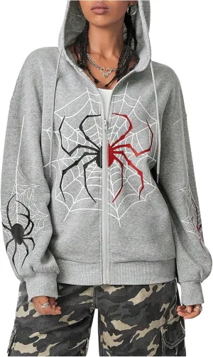 GORGLITTER Women's Zip Up Spider Hoodie Graphic Long Sleeve Colorblock Oversized Y2k Hoodies Sweatshirt