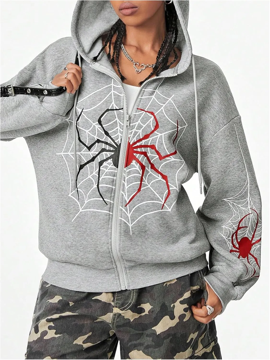 GORGLITTER Women's Zip Up Spider Hoodie Graphic Long Sleeve Colorblock Oversized Y2k Hoodies Sweatshirt