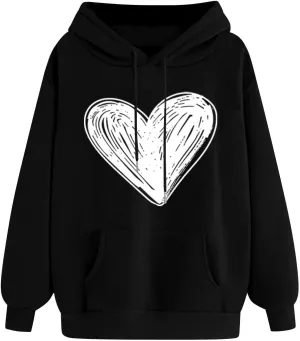 Graphic Hoodies for Teen Girls Women Heart Print Long Sleeve Oversized Pullover Cute Sweatshirts Plus Size Fashion Tops