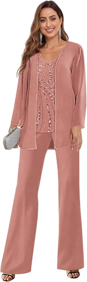 GUKARLEED Womens Mother of The Pants Suits 3 Pieces Long Sleeve V Neck Lace Chiffon Wedding Guest Formal Outfits with Jacket