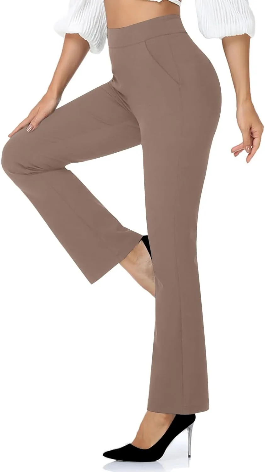 High Waisted Dress Pants for Women Bootcut Elastic Waist Pull On Work Slacks Stretchy Trousers Flared Yoga Leggings