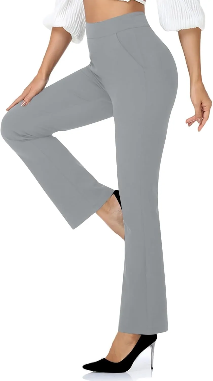 High Waisted Dress Pants for Women Bootcut Elastic Waist Pull On Work Slacks Stretchy Trousers Flared Yoga Leggings