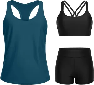 Holipick 3 Piece Athletic Tankini Swimsuits for Women Swim Tank Top Bathing Suits with Boy Shorts and Sports Bra Swimwear