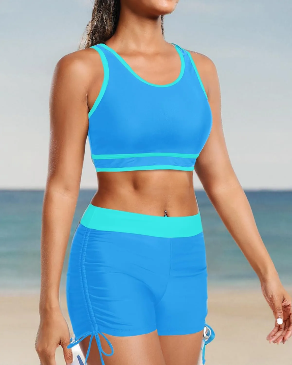 Holipick Women's Sporty Bikini Sets Two Piece Color Block Swimsuit Bathing Suits with High Waisted Boy Shorts Bottom