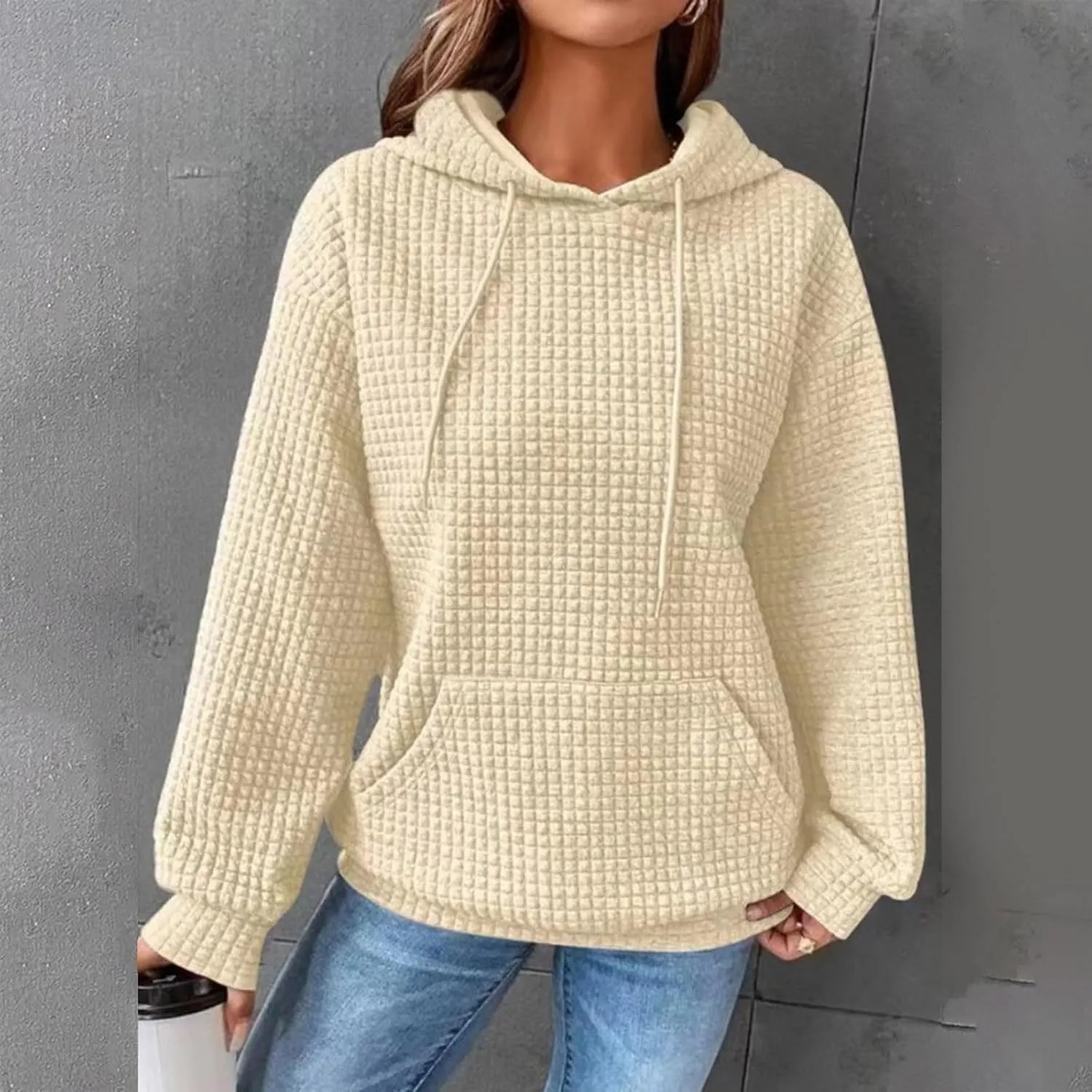 Hoodies for Women Casual Long Sleeve Waffle Sweatshirt Loose Drop Shoulder Pullover with Pocket Trendy Y2k Hoodie