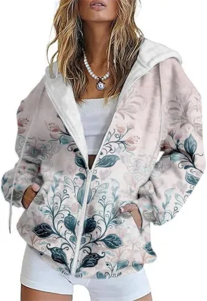 HOTYD Womens Oversized Zip Up Hoodies Floral Print Casual Long Sleeve Graphic Hoodies Plus Size Fall Tops with Front Pocket