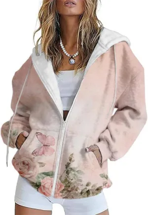 HOTYD Womens Oversized Zip Up Hoodies Floral Print Casual Long Sleeve Graphic Hoodies Plus Size Fall Tops with Front Pocket
