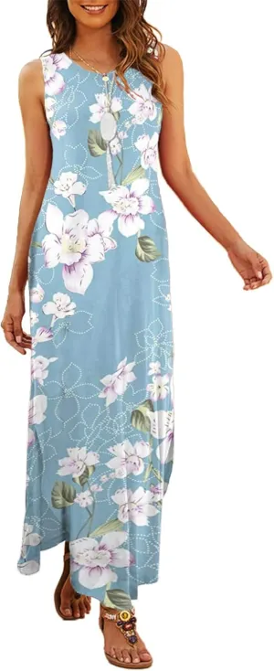 Hount Women's Casual Summer Sleeveless Dress Loose Split Maxi Dresses with Pockets
