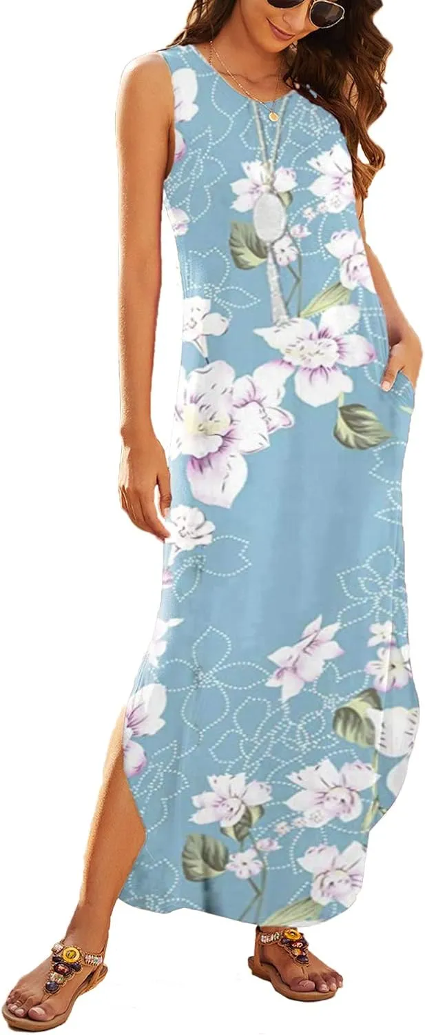 Hount Women's Casual Summer Sleeveless Dress Loose Split Maxi Dresses with Pockets
