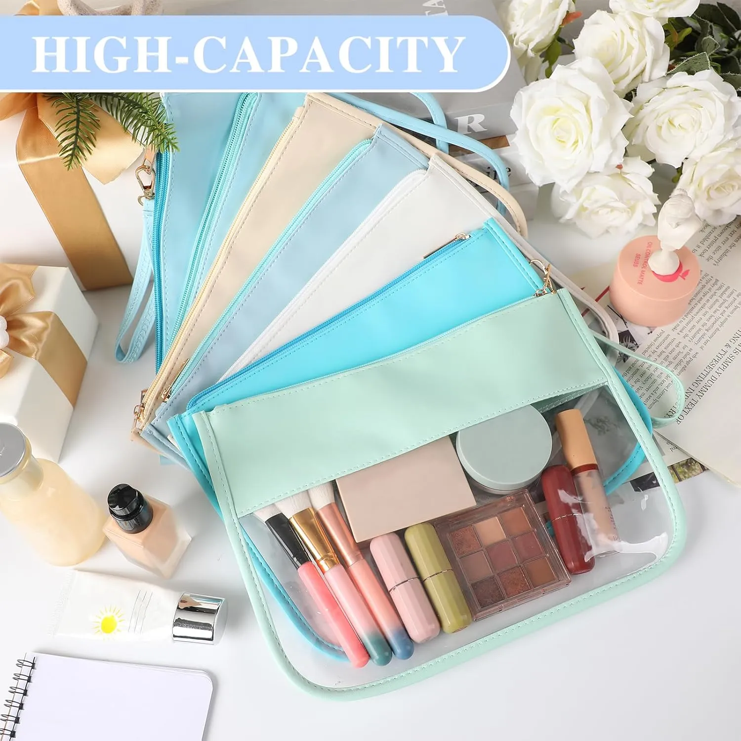 Irenare 16 Pcs Clear Makeup Bag Toiletry Flat Zipper Pouch Preppy Waterproof Clear Cosmetic PVC Pouch with Wristlet Toiletry DIY Chenille Letter Snack Bag for Women(Blue Series)