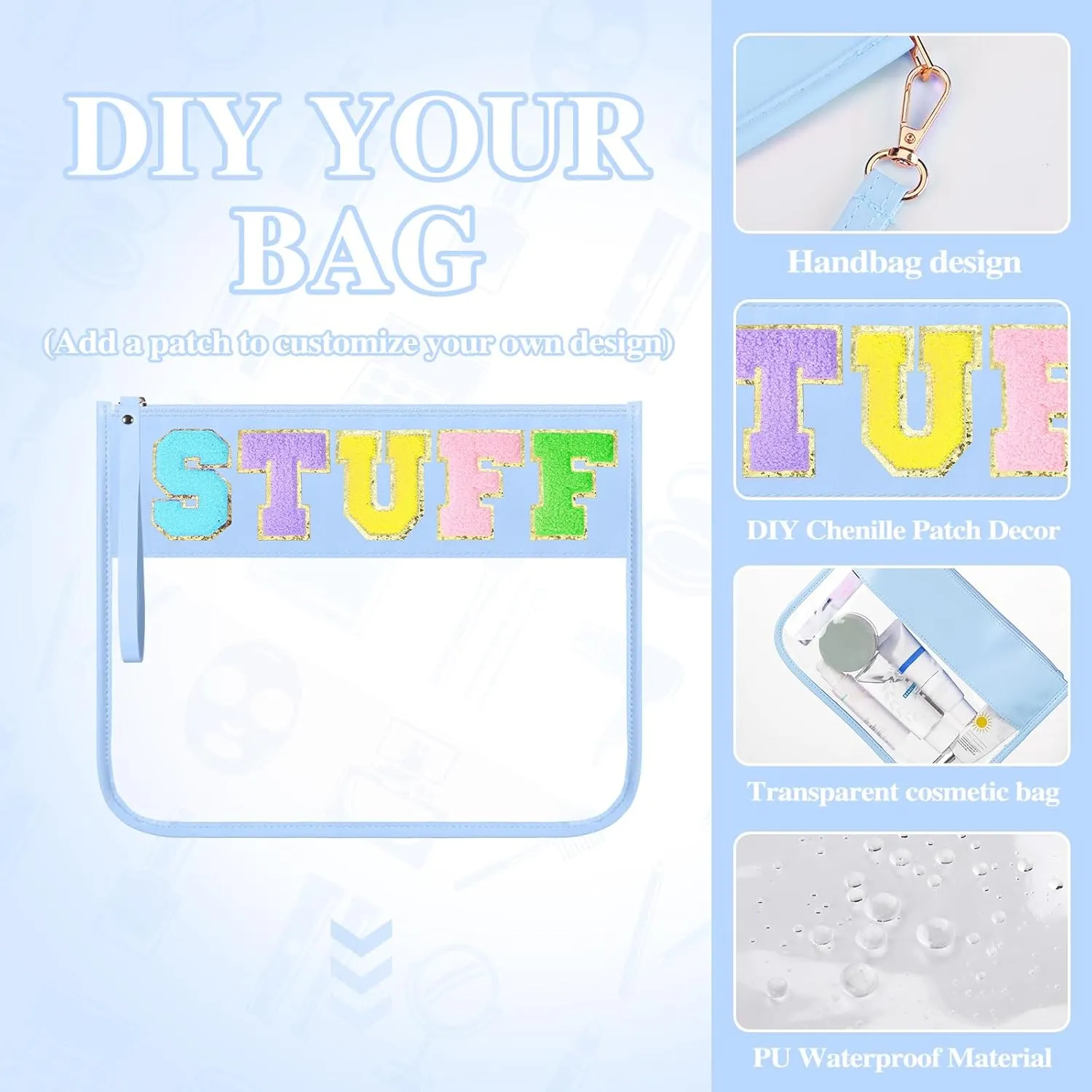 Irenare 16 Pcs Clear Makeup Bag Toiletry Flat Zipper Pouch Preppy Waterproof Clear Cosmetic PVC Pouch with Wristlet Toiletry DIY Chenille Letter Snack Bag for Women(Blue Series)