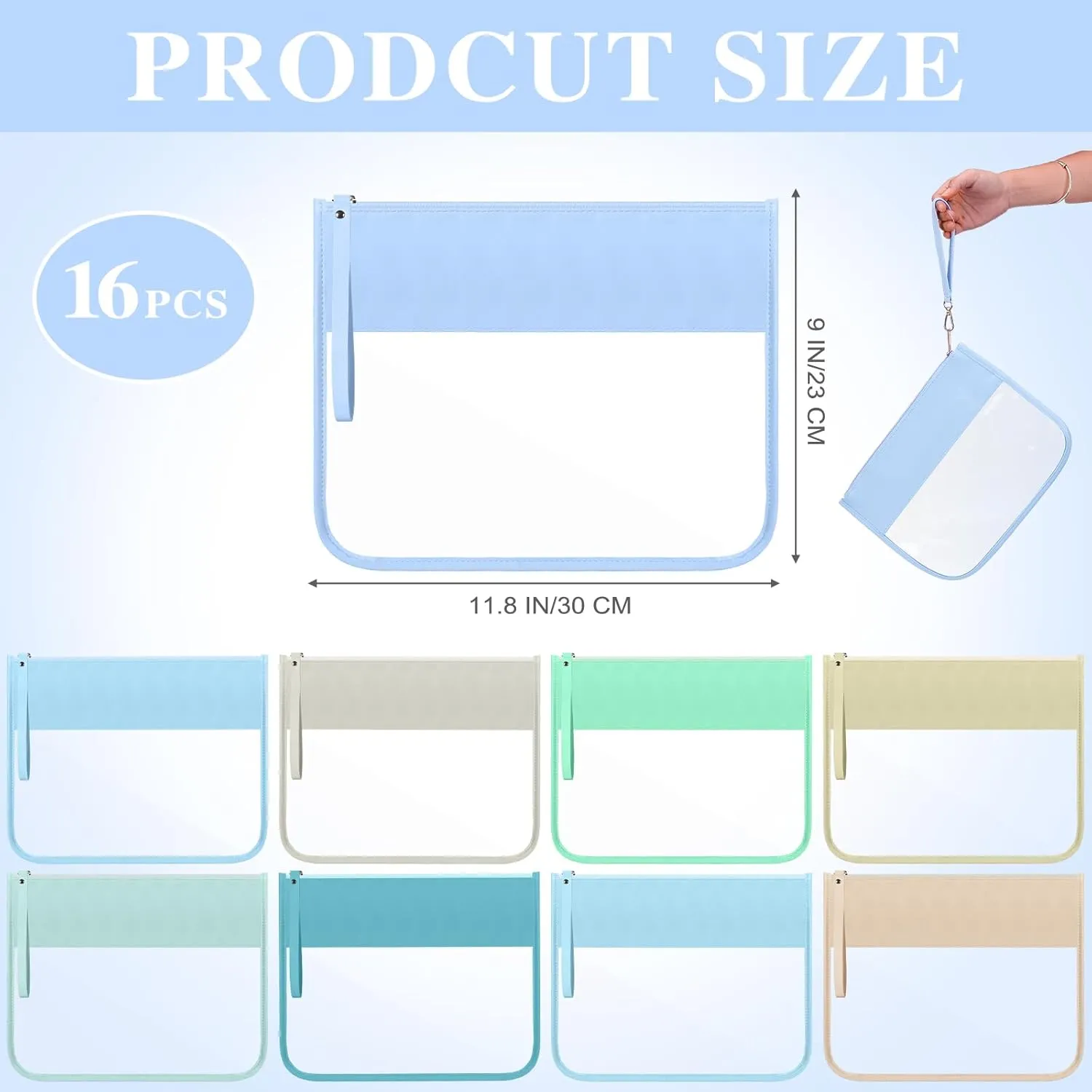 Irenare 16 Pcs Clear Makeup Bag Toiletry Flat Zipper Pouch Preppy Waterproof Clear Cosmetic PVC Pouch with Wristlet Toiletry DIY Chenille Letter Snack Bag for Women(Blue Series)