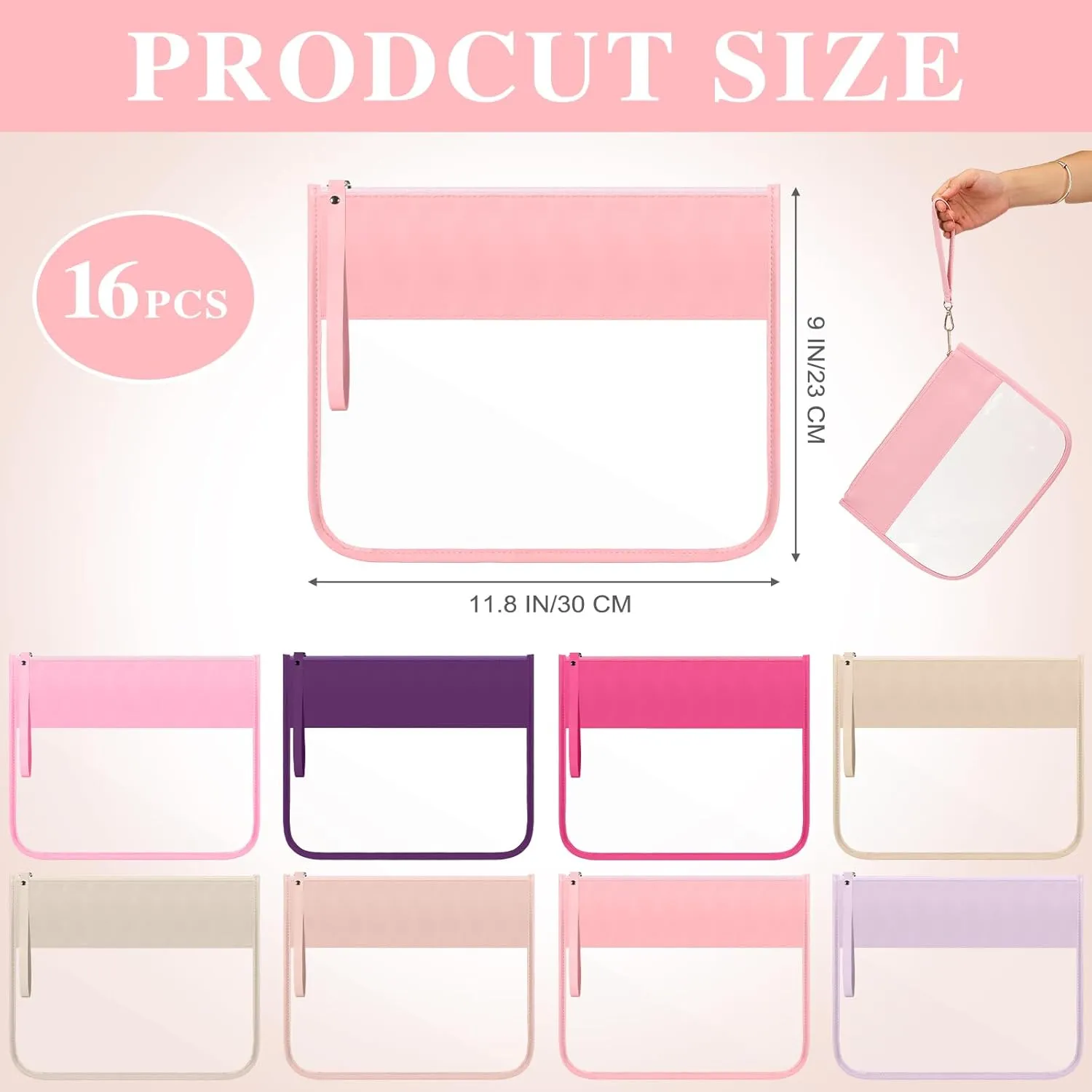 Irenare 16 Pcs Clear Makeup Bag Toiletry Flat Zipper Pouch Preppy Waterproof Clear Cosmetic PVC Pouch with Wristlet Toiletry DIY Chenille Letter Snack Bag for Women(Macaron Pink)