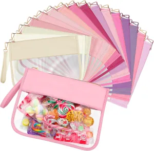 Irenare 16 Pcs Clear Makeup Bag Toiletry Flat Zipper Pouch Preppy Waterproof Clear Cosmetic PVC Pouch with Wristlet Toiletry DIY Chenille Letter Snack Bag for Women(Macaron Pink)
