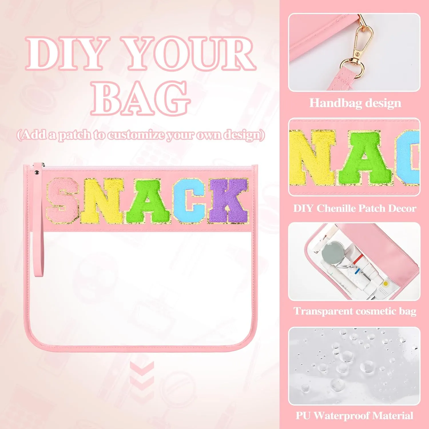 Irenare 16 Pcs Clear Makeup Bag Toiletry Flat Zipper Pouch Preppy Waterproof Clear Cosmetic PVC Pouch with Wristlet Toiletry DIY Chenille Letter Snack Bag for Women(Macaron Pink)