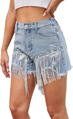 Jean Shorts Womens High Waisted Ripped Rhinestone Pearl Beaded Fringe Tassel Denim Short Raw Hem Frayed Shorts