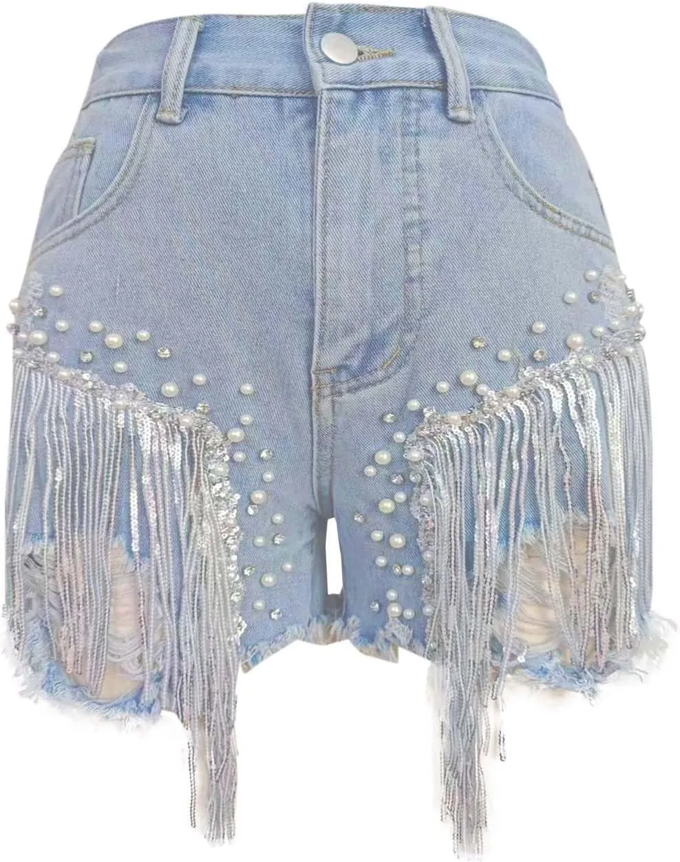 Jean Shorts Womens High Waisted Ripped Rhinestone Pearl Beaded Fringe Tassel Denim Short Raw Hem Frayed Shorts