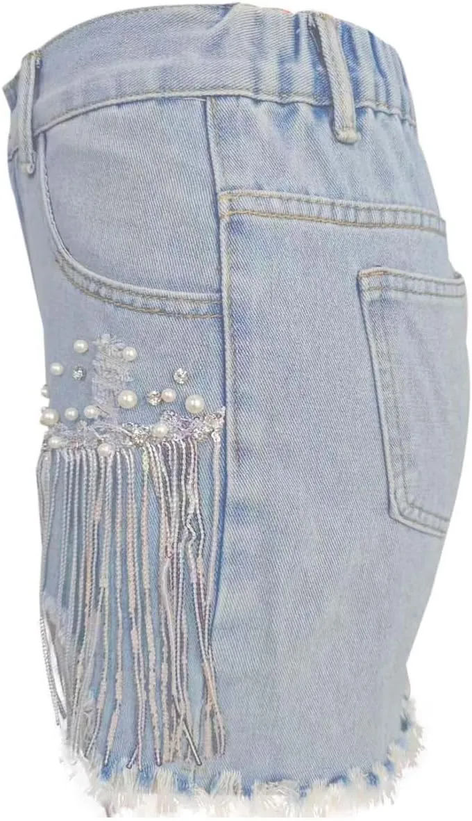 Jean Shorts Womens High Waisted Ripped Rhinestone Pearl Beaded Fringe Tassel Denim Short Raw Hem Frayed Shorts