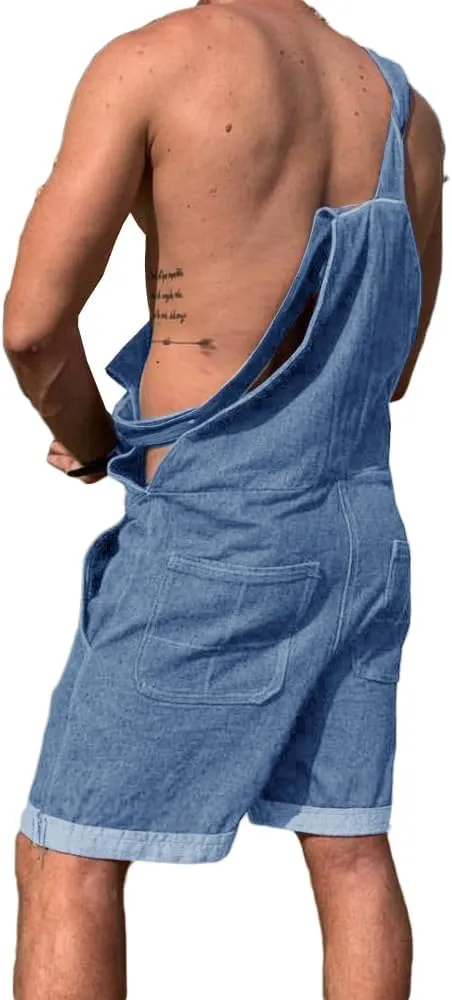 Karlywindow Mens Denim Bib Overall Shorts Loose Fit Summer Walk Shorts Above Knee Length Shortalls Jumpsuit Rompers
