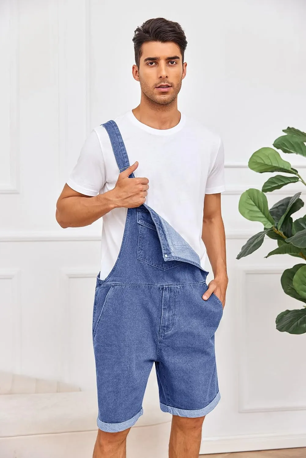 Karlywindow Mens Denim Bib Overall Shorts Loose Fit Summer Walk Shorts Above Knee Length Shortalls Jumpsuit Rompers