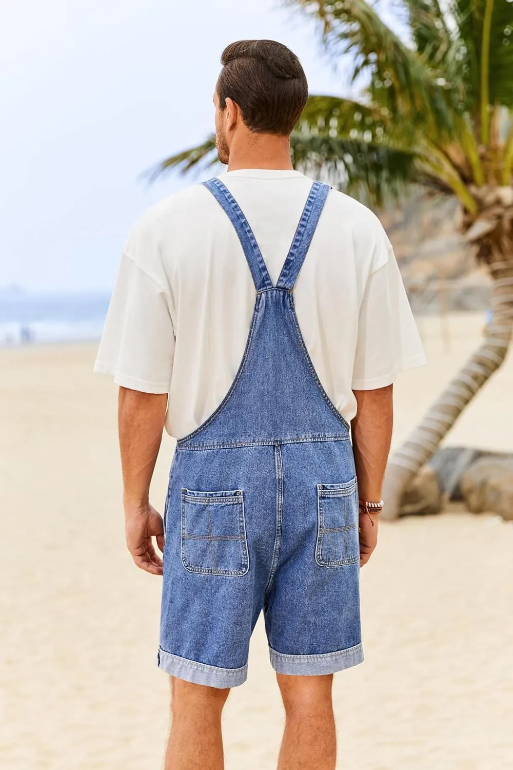 Karlywindow Mens Denim Bib Overall Shorts Loose Fit Summer Walk Shorts Above Knee Length Shortalls Jumpsuit Rompers