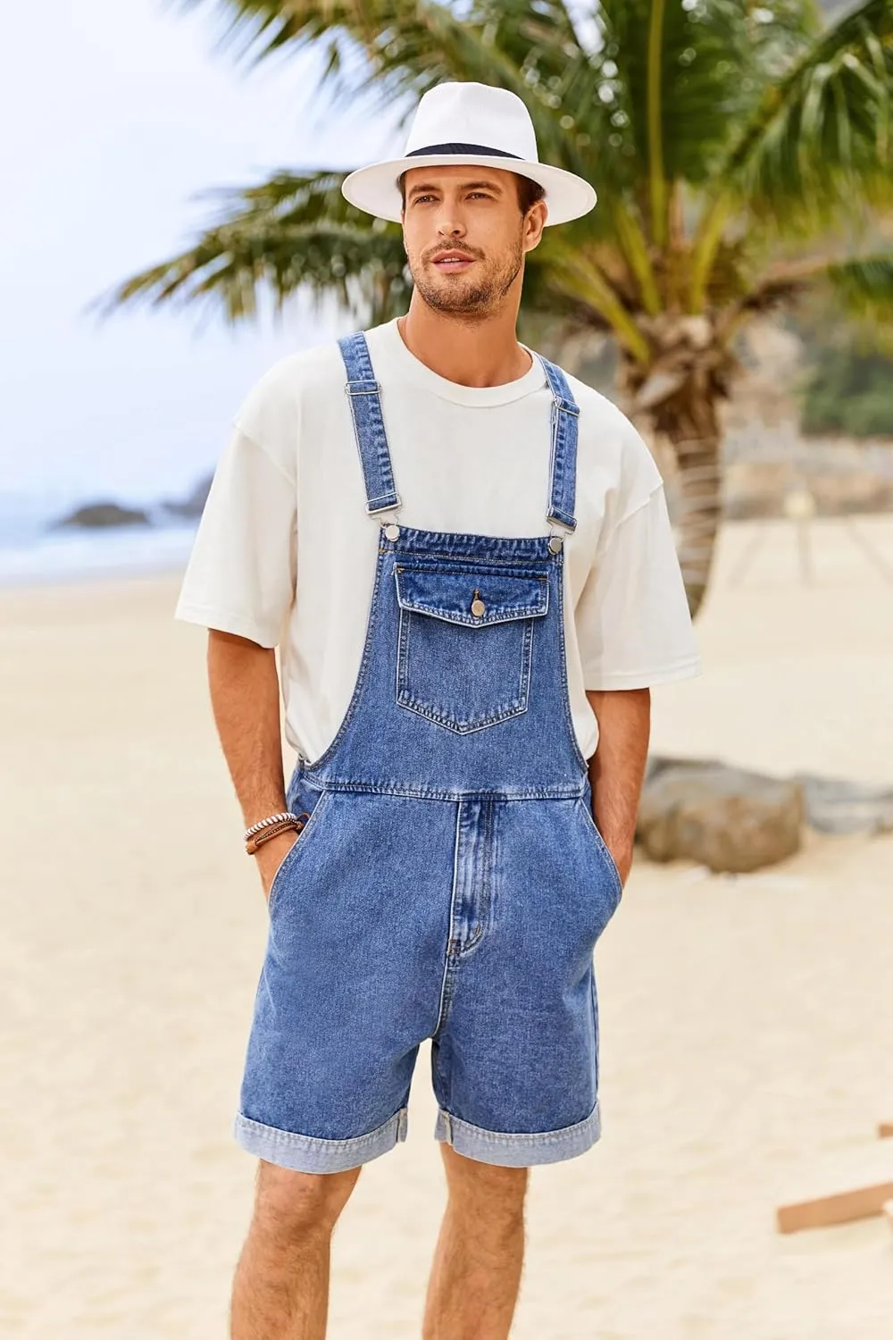 Karlywindow Mens Denim Bib Overall Shorts Loose Fit Summer Walk Shorts Above Knee Length Shortalls Jumpsuit Rompers