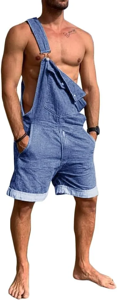 Karlywindow Mens Denim Bib Overall Shorts Loose Fit Summer Walk Shorts Above Knee Length Shortalls Jumpsuit Rompers
