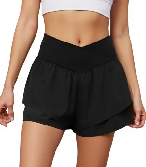keriffe Womens Athletic Running Shorts with Pockets 2 in 1 Crossover High Waisted Flowy Workout Tennis Skirts Skorts