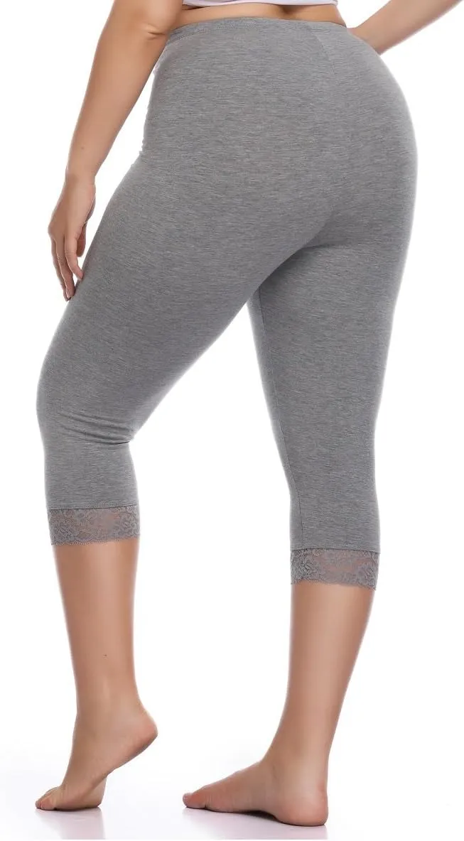 Kotii Women's Plus Size Lace Trim Capri Leggings Stretch Crop Leggings Summer Tights Pants