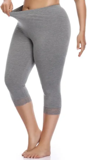 Kotii Women's Plus Size Lace Trim Capri Leggings Stretch Crop Leggings Summer Tights Pants