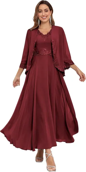 Lace Sequin 2 Piece Mother of The Bride Dresses with Jackets Chiffon 3/4 Sleeve Formal Gowns for Wedding