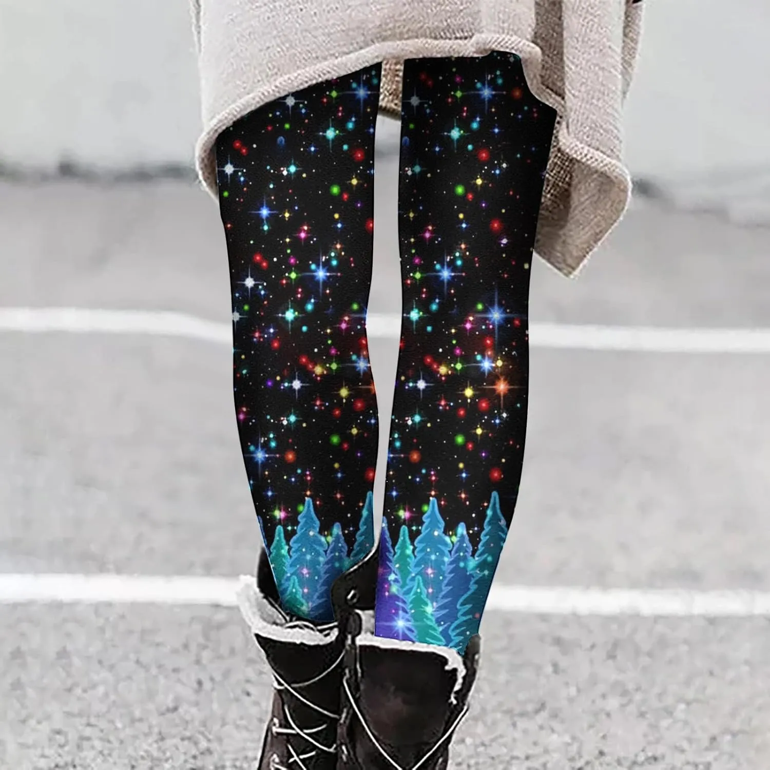 LAWOR Womens Fleece Leggings Denim Printed Casual Boot Leggings Warm High Waisted Fall Winter Pants Trendy Tight Pants
