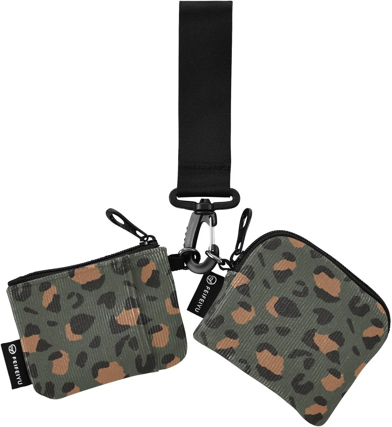 Leopard 2PCS Coin Purse Wristlet Wallets Keychain Wallet Zip Around Portable Wallet with Detachable Dual Pouch