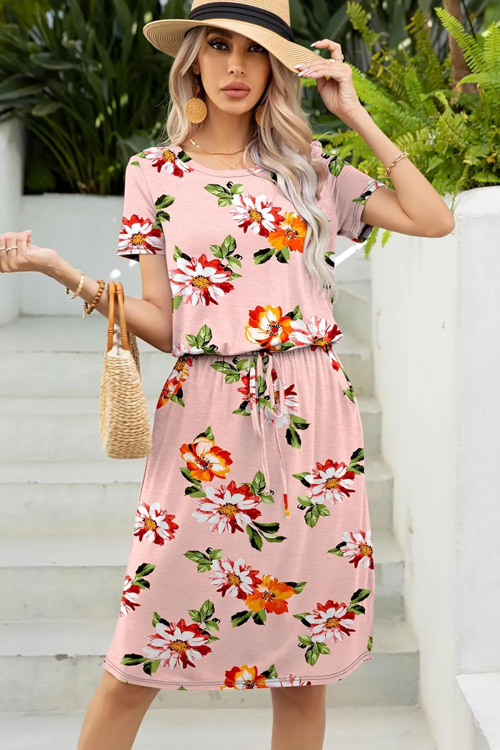 levaca Womens Summer Casual Dress Belly Drawstring Beach Coverup Short Sleeve 2025 Outfit Midi Sundress with Pockets