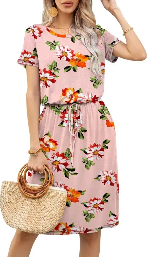 levaca Womens Summer Casual Dress Belly Drawstring Beach Coverup Short Sleeve 2025 Outfit Midi Sundress with Pockets