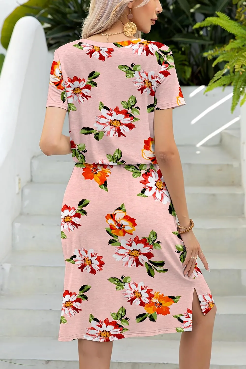 levaca Womens Summer Casual Dress Belly Drawstring Beach Coverup Short Sleeve 2025 Outfit Midi Sundress with Pockets