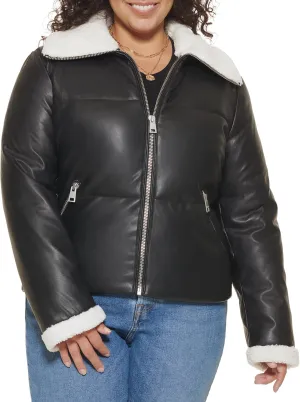 Levi's Women's Breanna Faux Leather Puffer Jacket with Sherpa Lined Collar