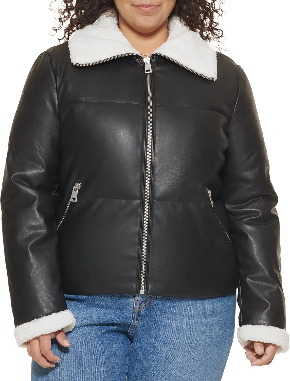 Levi's Women's Breanna Faux Leather Puffer Jacket with Sherpa Lined Collar
