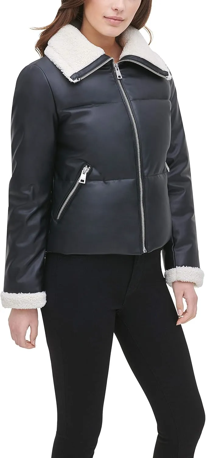 Levi's Women's Breanna Faux Leather Puffer Jacket with Sherpa Lined Collar