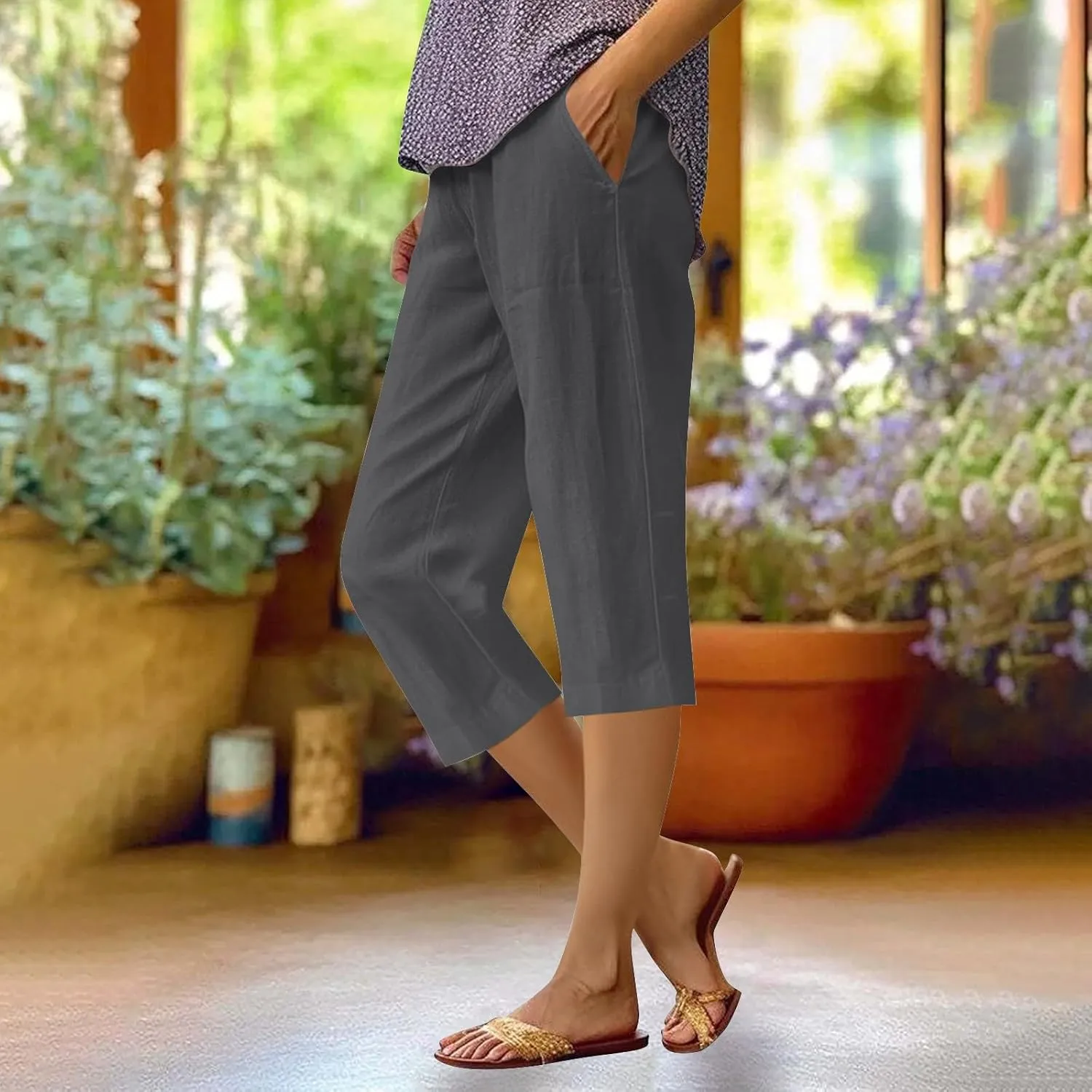 Linen Pants Women,Summer Capri Casual Drawstring Elastic Waist,Straight Wide Leg Pants Cotton Trousers with Pocket