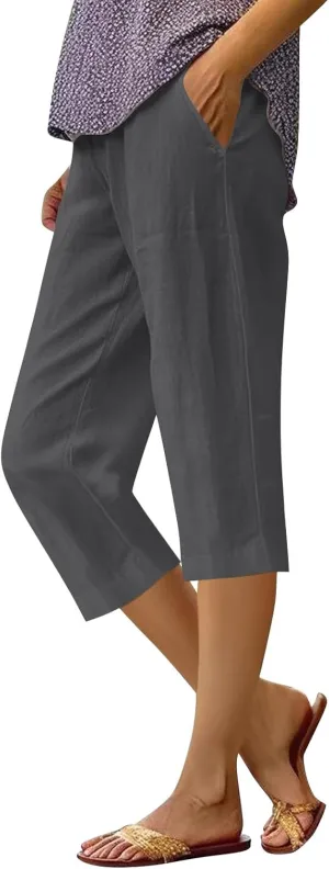 Linen Pants Women,Summer Capri Casual Drawstring Elastic Waist,Straight Wide Leg Pants Cotton Trousers with Pocket