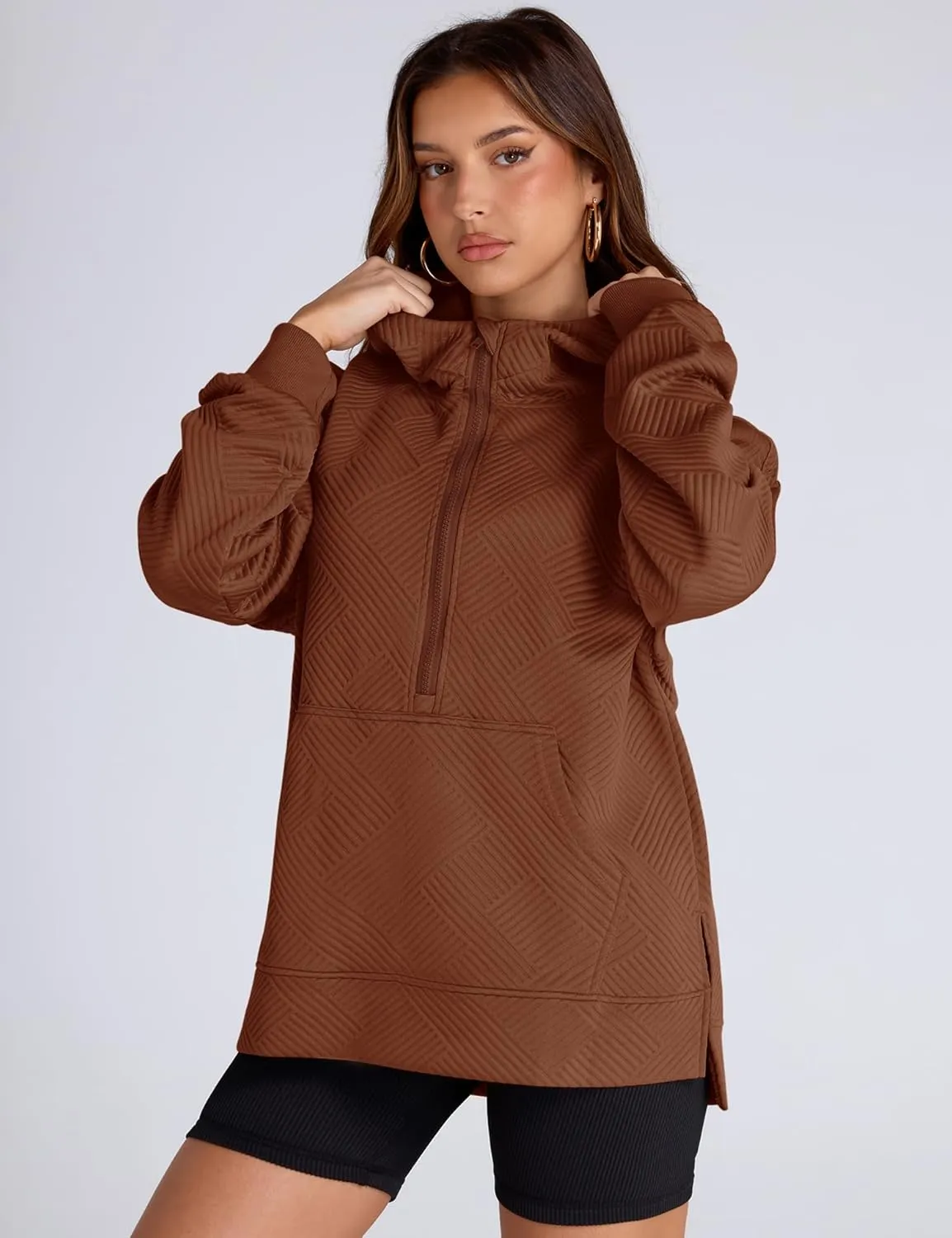 LOMON Womens Oversized Half Zip Hoodies Long Sleeve Textured Casual Sweatshirts Loose Fall Pullover Tops with Pockets