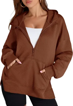 LOMON Womens Oversized Half Zip Hoodies Long Sleeve Textured Casual Sweatshirts Loose Fall Pullover Tops with Pockets