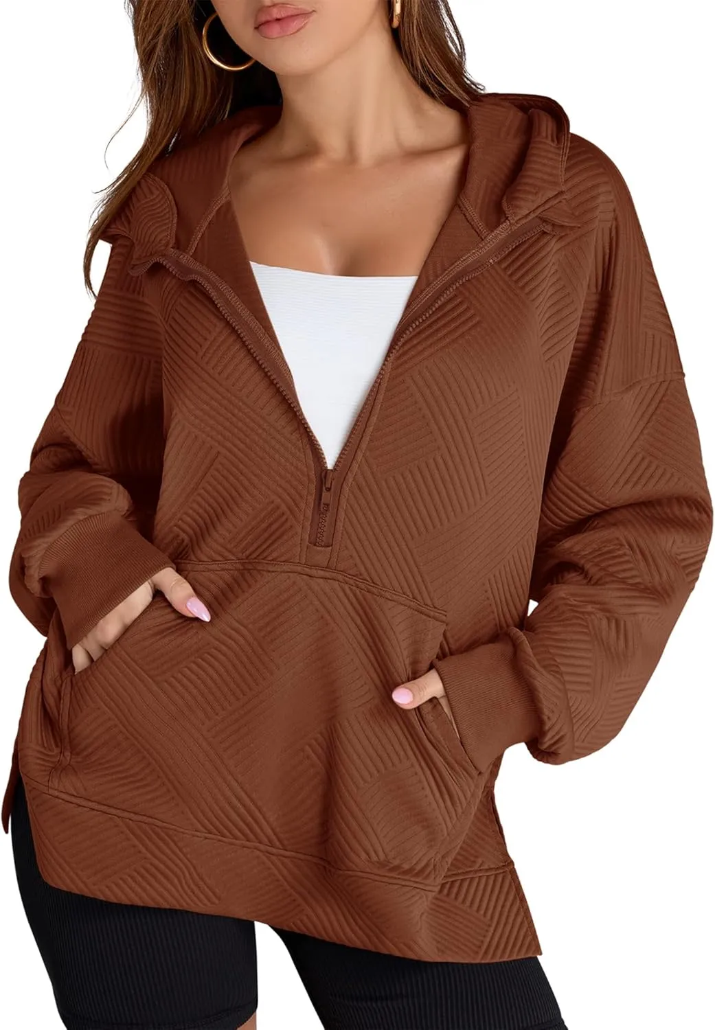 LOMON Womens Oversized Half Zip Hoodies Long Sleeve Textured Casual Sweatshirts Loose Fall Pullover Tops with Pockets