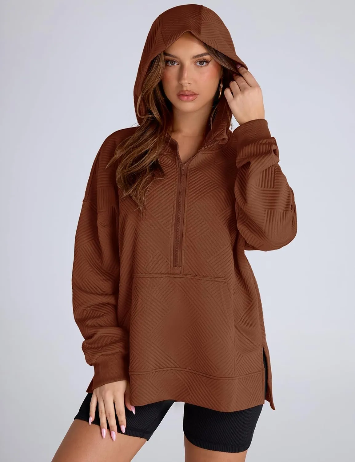 LOMON Womens Oversized Half Zip Hoodies Long Sleeve Textured Casual Sweatshirts Loose Fall Pullover Tops with Pockets